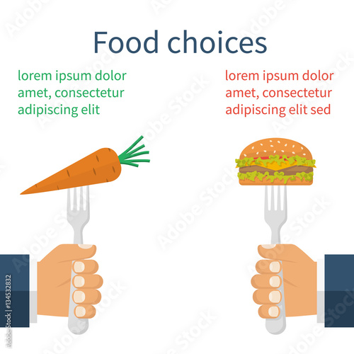 Food choice. Healthy and junk foods. Fork in hand with a carrot and a hamburger. Diet decision concept and nutrition. Fresh fruit and vegetables or greasy cholesterol. Vector illustration flat design.