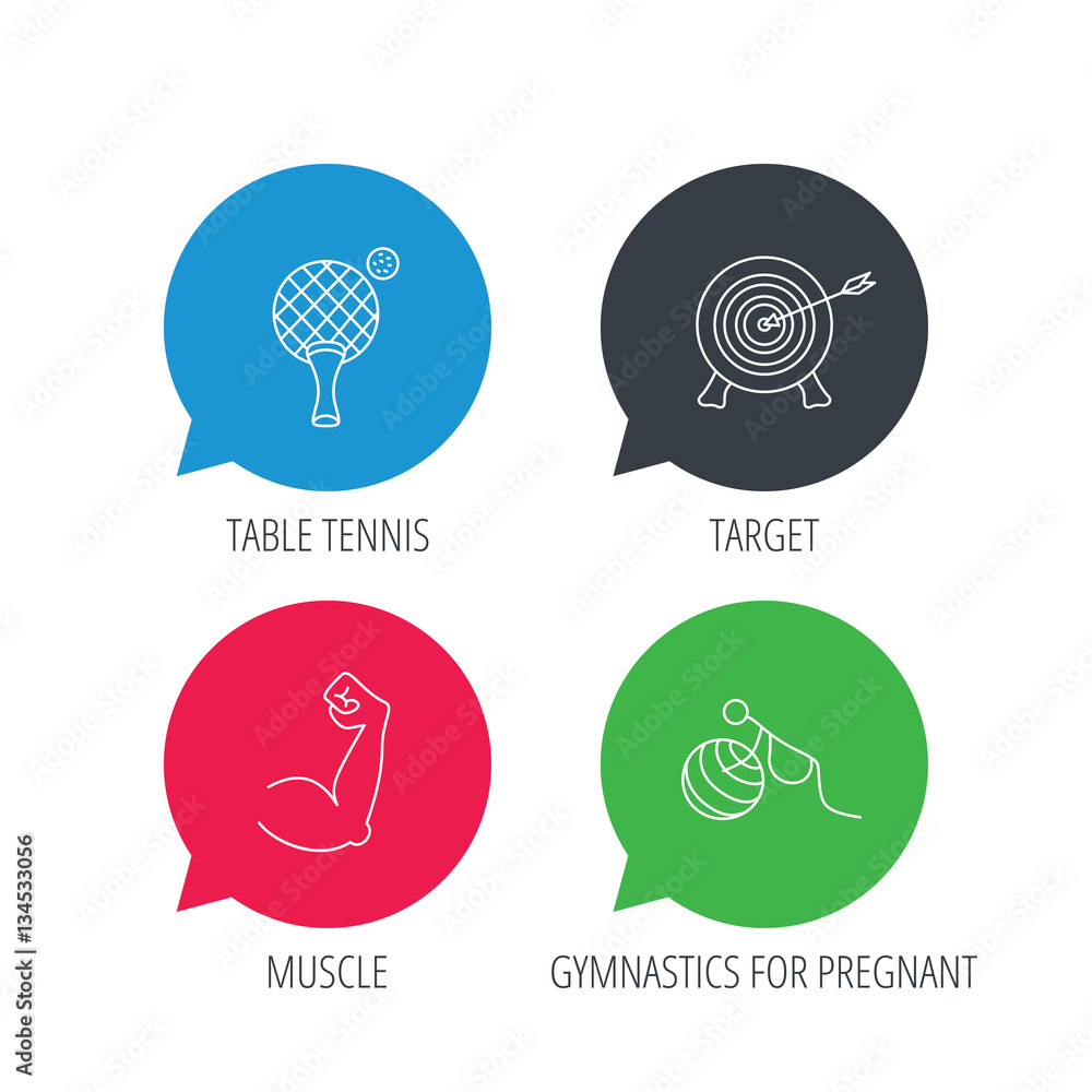 Colored speech bubbles. Target, table tennis and biceps icons. Gymnastics for pregnant linear sign. Flat web buttons with linear icons. Vector Colored speech bubbles. Target, table tennis and biceps icons. Gymnastics for pregnant linear sign. Flat web buttons with linear icons. Vector