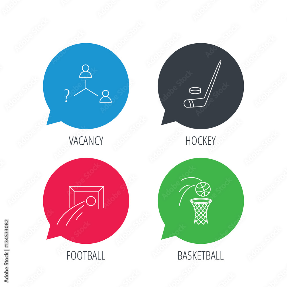 Colored speech bubbles. Football, ice hockey and basketball icons. Vacancy linear sign. Flat web buttons with linear icons. Vector