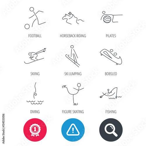 Achievement and search magnifier signs. Pilates, football and skiing icons. Fishing, diving and figure skating linear signs. Ski jumping, horseback riding and bobsled icons. Hazard attention icon