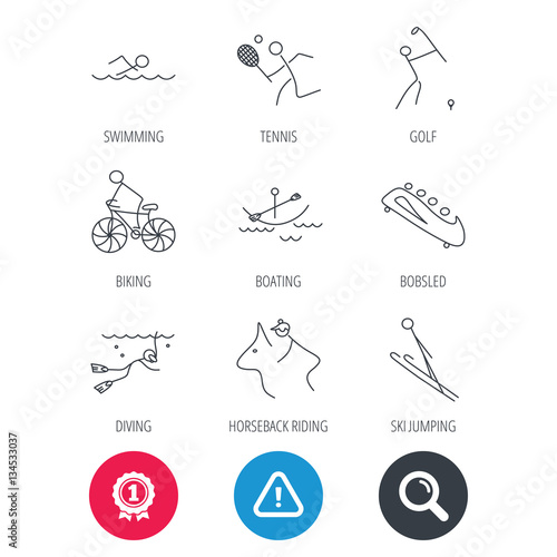 Achievement and search magnifier signs. Swimming, tennis and golf icons. Biking, diving and horseback riding linear signs. Ski jumping, boating and bobsleigh icons. Hazard attention icon. Vector