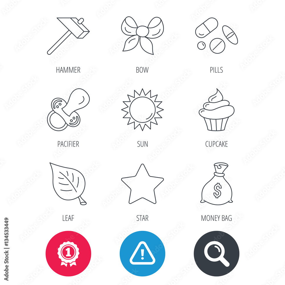 Achievement and search magnifier signs. Money bag, star and bow icons. Leaf, pacifier and sun linear signs. Cupcake, pills and hammer flat line icons. Hazard attention icon. Vector