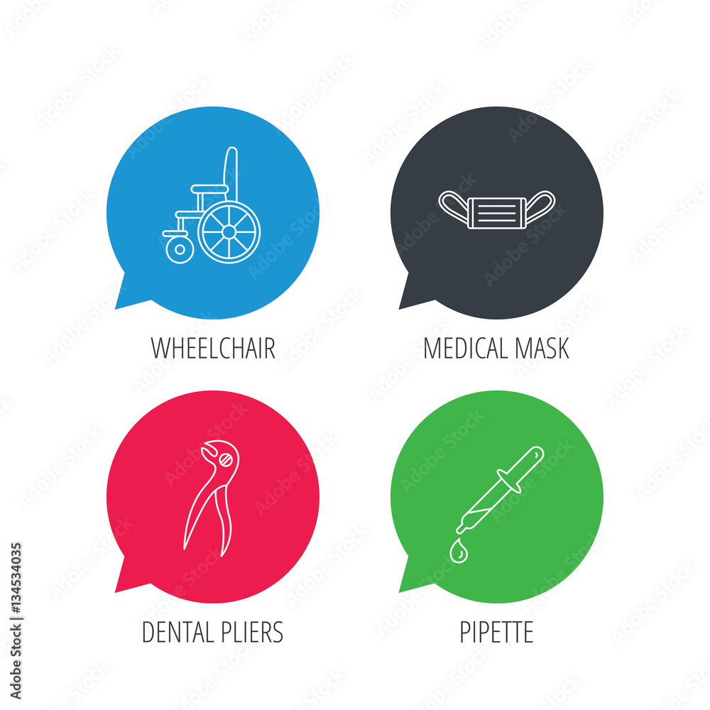 Colored speech bubbles. Medical mask, pipette and dental pliers icons. Wheelchair linear sign. Flat web buttons with linear icons. Vector