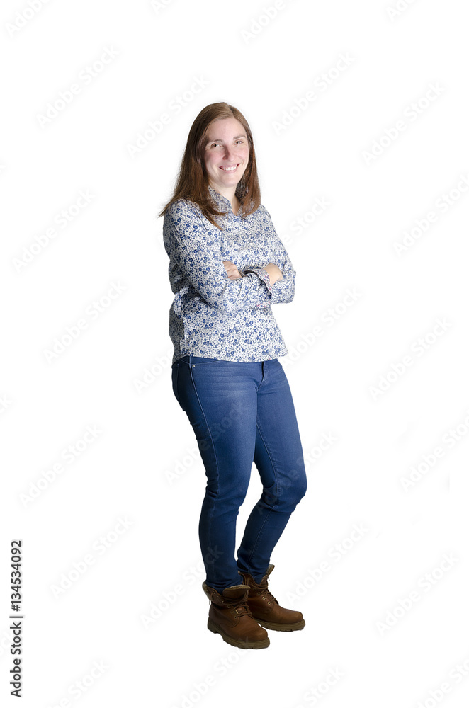 Young hipster woman looking at the camera with her cross arms ov Young hipster woman looking at the camera with her cross arms ov