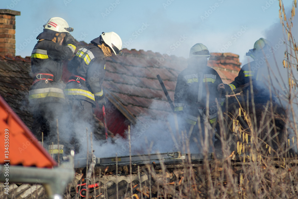 Fototapeta premium Firefighters fighting with house fire on the roof