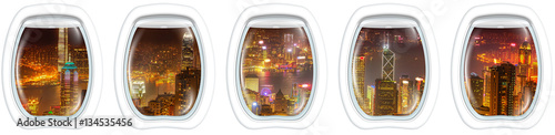 Photography Five plane windows on Hong Kong China skyline by night, China flight, from a plane portholes windows