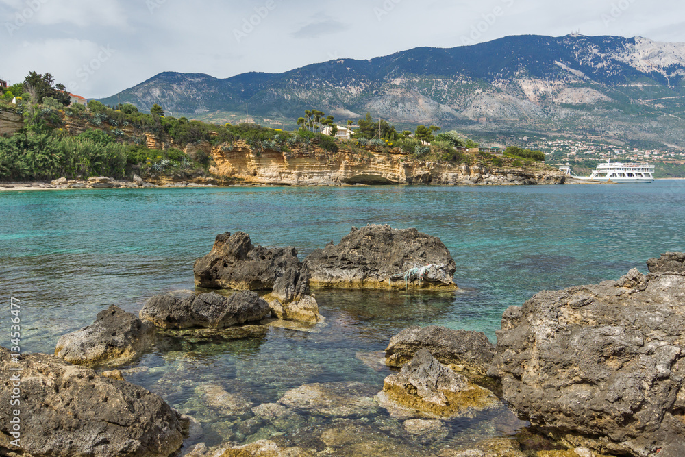 Panoramic view of Kamina beach in Kefalonia, Ionian Islands, Greece