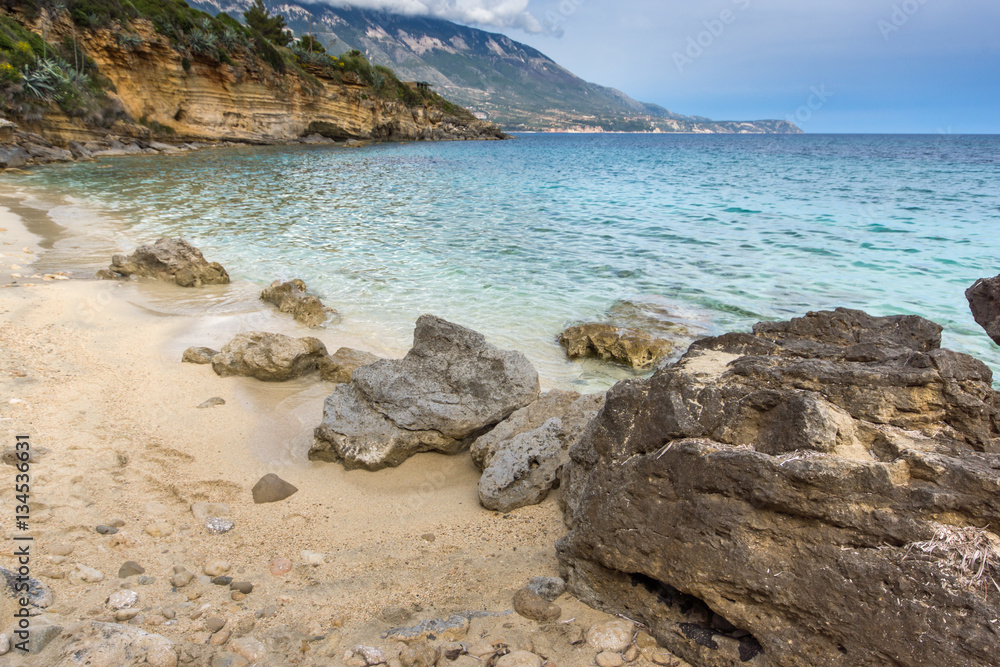 Panoramic view of Kamina beach in Kefalonia, Ionian Islands, Greece