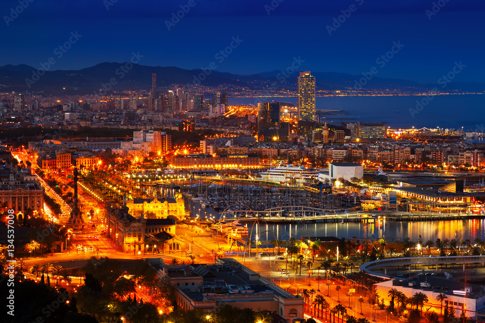   Barcelona and Mediterranean in night.   Spain