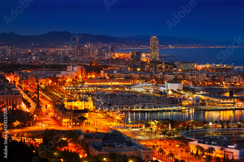  Barcelona and Mediterranean in night. Spain