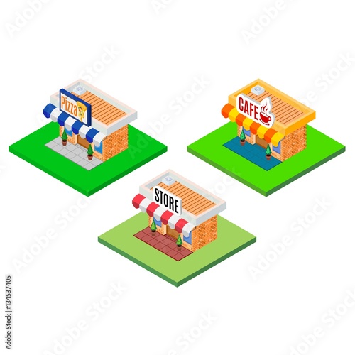 icon set Isometric icon vector house store caffe pizza