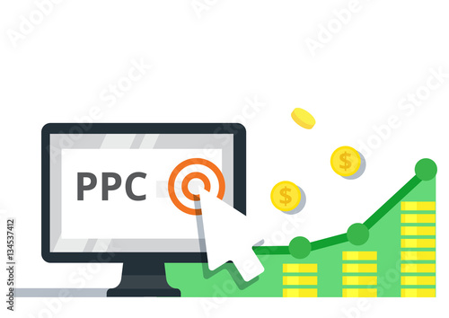 Pay Per Click internet marketing concept - flat vector illustration. PPC advertising and conversion.