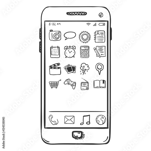 Vector Single Sketch Smartphone with Mobile Icons
