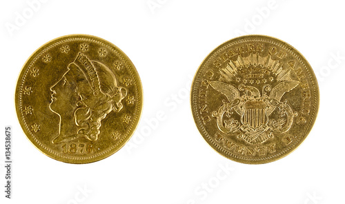 Fotografie 1876 heads and tails twenty dollar gold coin. Isolated.