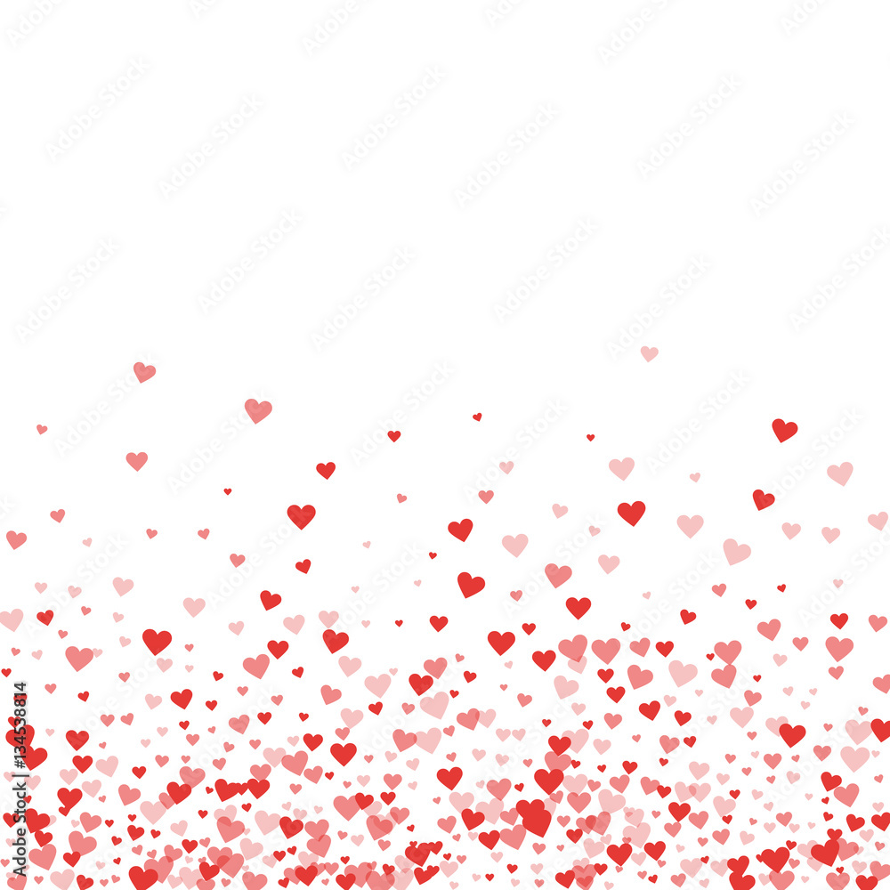 Red hearts confetti. Scatter bottom gradient on white valentine background. Vector illustration.
