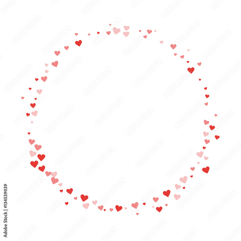 Red hearts confetti. Round shape on white valentine background. Vector illustration.