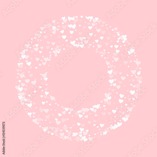 White hearts confetti. Round bagel frame on pale_pink valentine background. Vector illustration.
