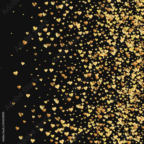 Gold gradient hearts confetti. Right gradient on black valentine background. Vector illustration.
