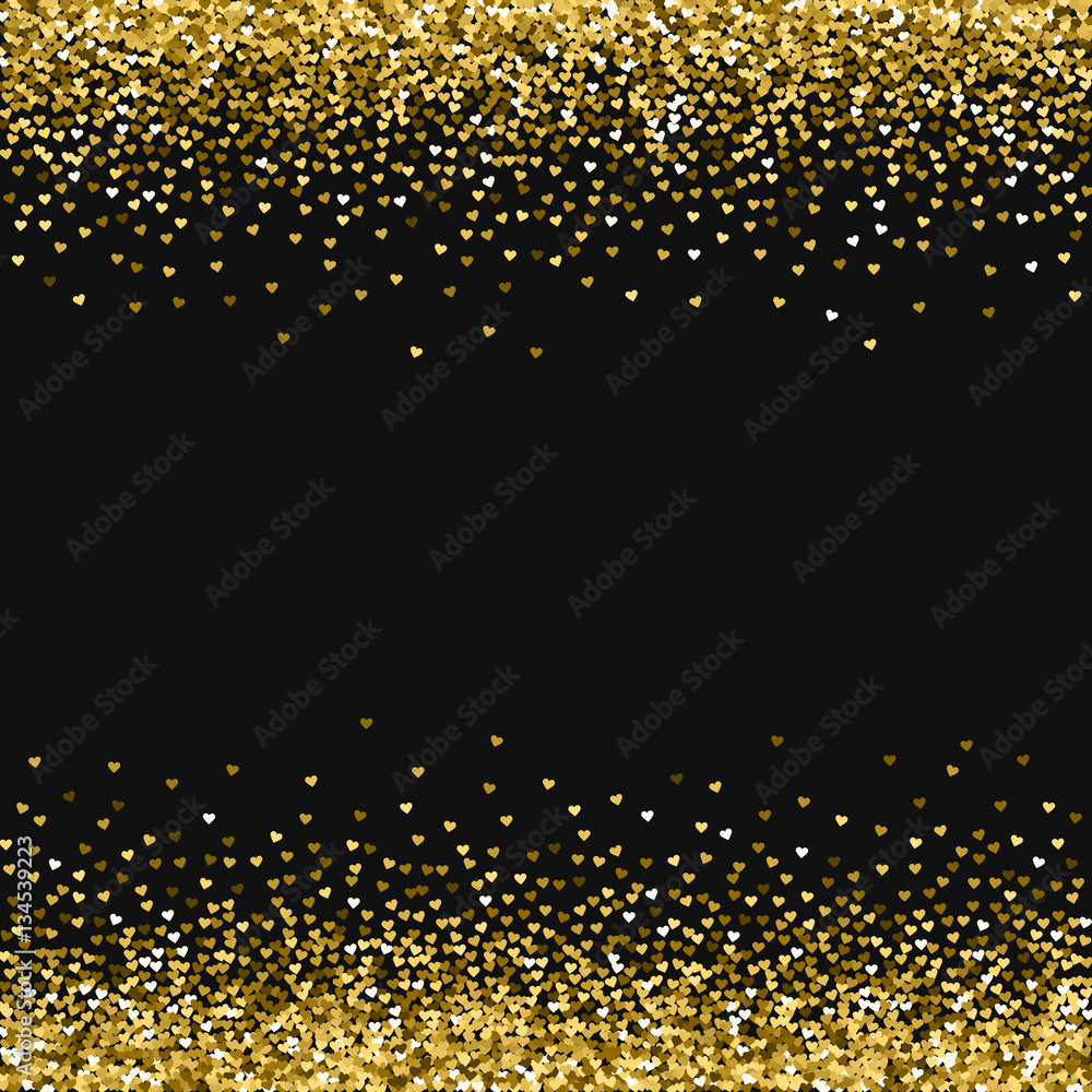 Golden glitter made of hearts. Borders on black valentine background. Vector illustration.