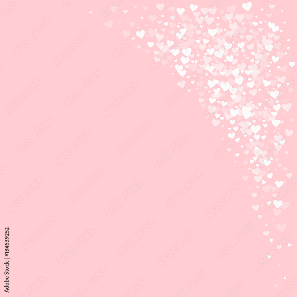 White hearts confetti. Top right corner on pale_pink valentine background. Vector illustration.