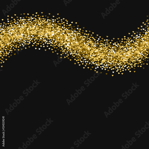 Golden glitter made of hearts. Top wave on black valentine background. Vector illustration.