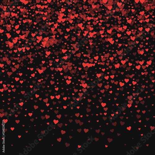 Red hearts confetti. Top gradient on black valentine background. Vector illustration.