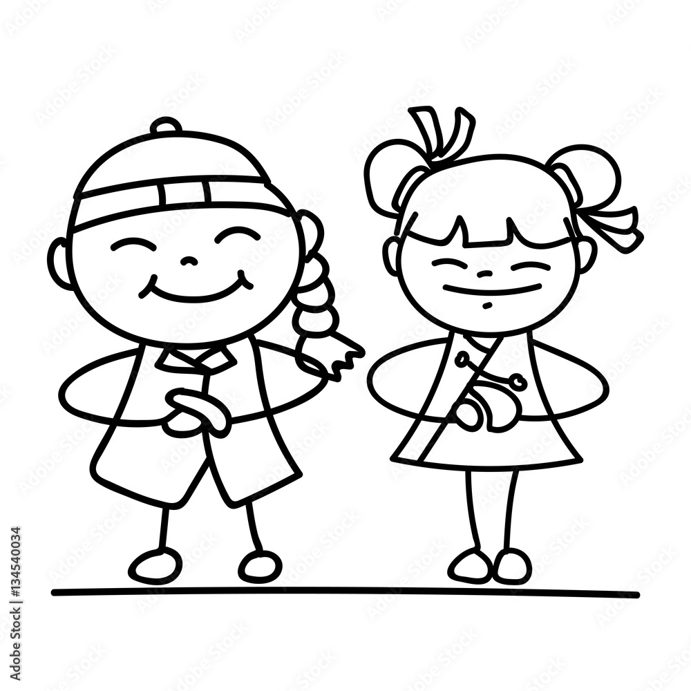 Set of hand drawing cartoon character people Happy Chinese New Y Set of hand drawing cartoon character people Happy Chinese New Y