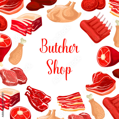 Butcher shop, butchery meat products vector poster