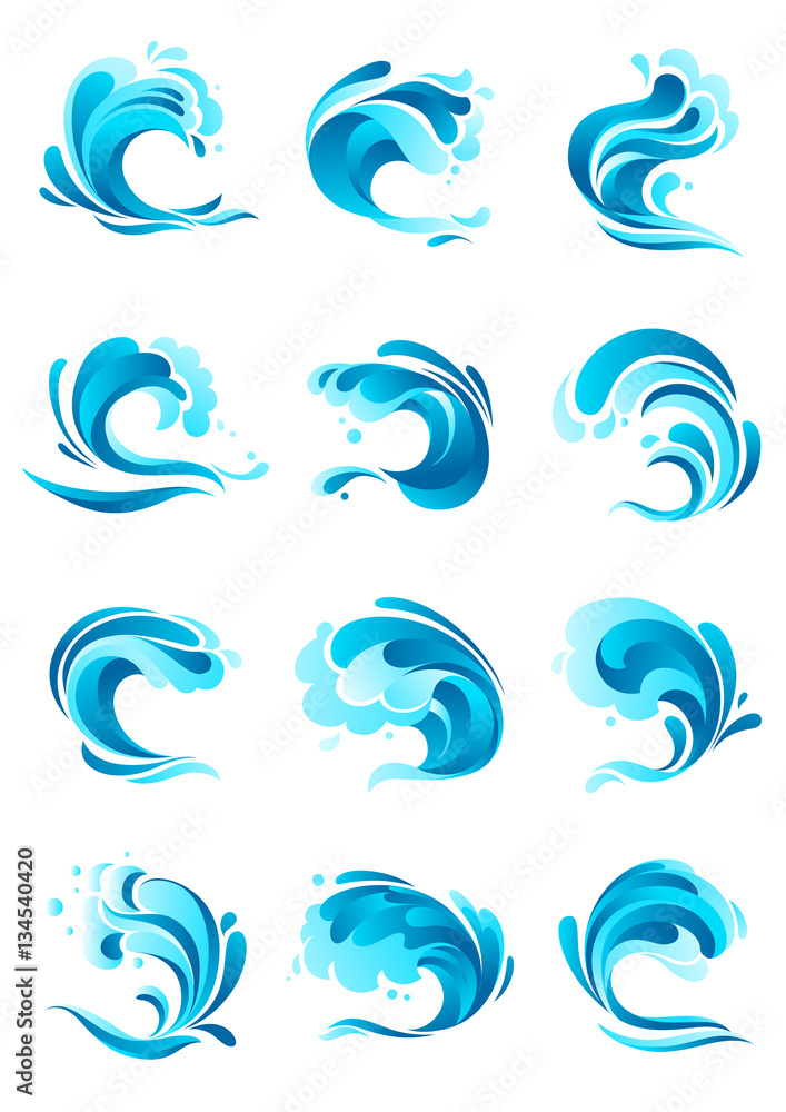 Fototapeta premium Waves, water splashes vector icons set