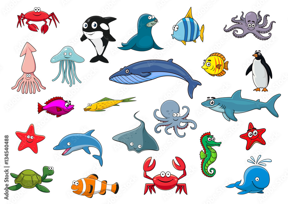 Fototapeta premium Cartoon sea fish and ocean animals vector icons