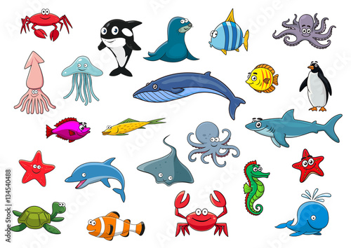 Cartoon sea fish and ocean animals vector icons