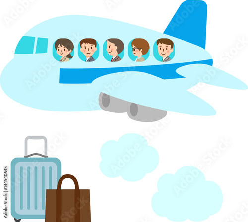飛行機に乗ったスーツの男女