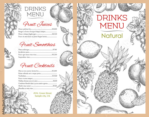Fruit drinks, juice menu of vector sketch fruits