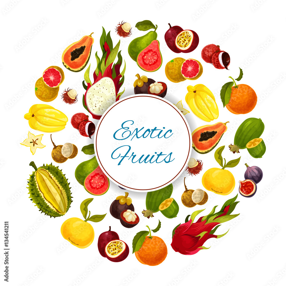 Exotic and tropical fresh fruits vector poster
