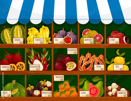 Fotografi Exotic fruits showcase booth fruit shop stand