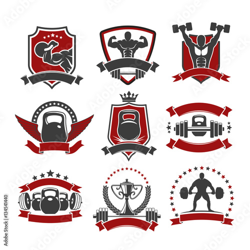 Weightlifting, powerlifting gym sport club icons