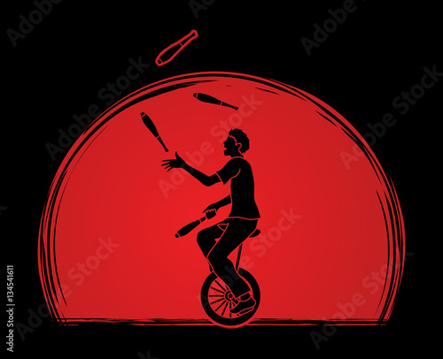 A man juggling pins while cycling designed on sunlight background graphic vector.