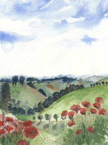 Tuscany landscape Italy watercolor painting handmade