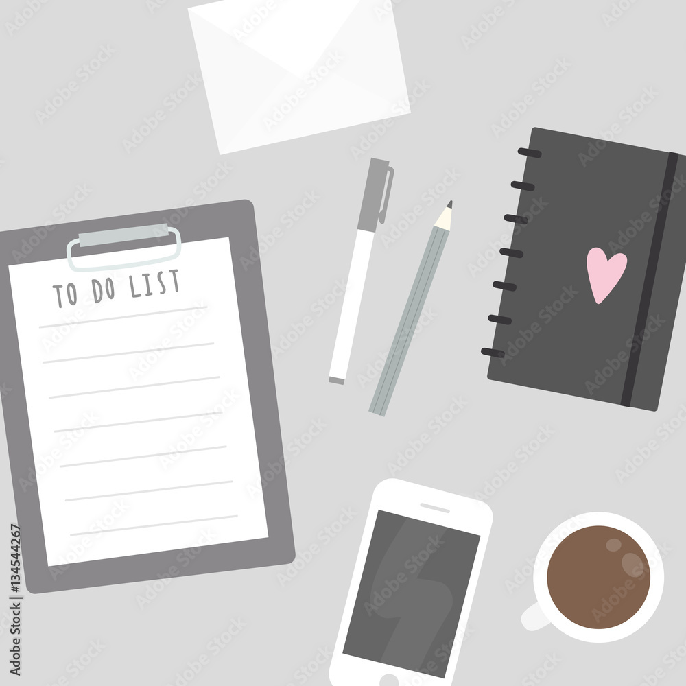 Things on the table. To do list, mobile phone, planner, stationery. Vector illustration Things on the table. To do list, mobile phone, planner, stationery. Vector illustration