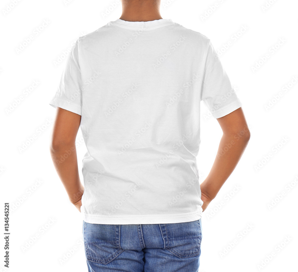 Obraz premium Young African American boy in blank white t-shirt standing on white background