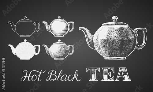 Set of teapots drawn on chalkboard