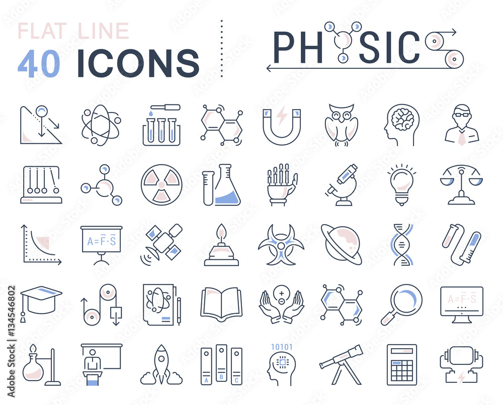 Set Vector Flat Line Icons Physic Set Vector Flat Line Icons Physic