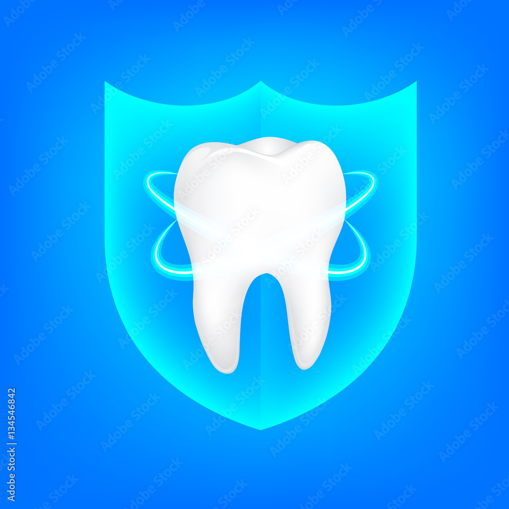 Tooth with shield icon design.Dental care concept, Illustration on blue background. Tooth with shield icon design.Dental care concept, Illustration on blue background.