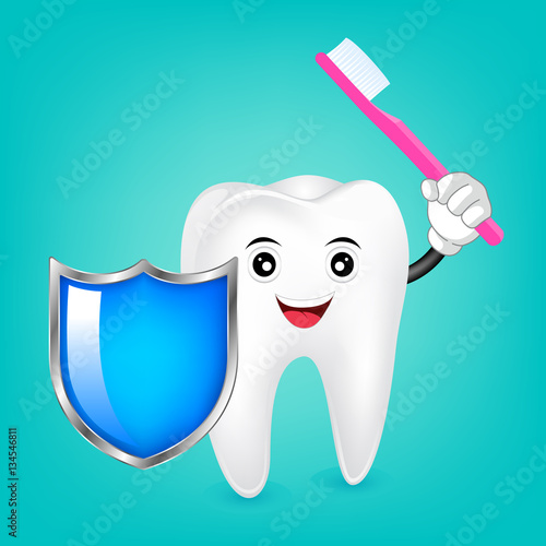 Happy Smiling Tooth With Toothbrush And Shield. Illustration, Dental care concept.