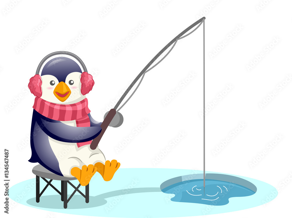 Fototapeta premium Cute Penguin Earmuffs Fishing