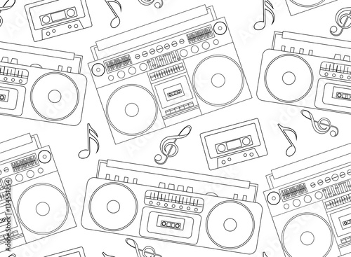 Seamless texture with the contours of the old tape recorders, boomboxes, cassette and musical notes. Vector background for design music site, cards, wallpaper and your creativity