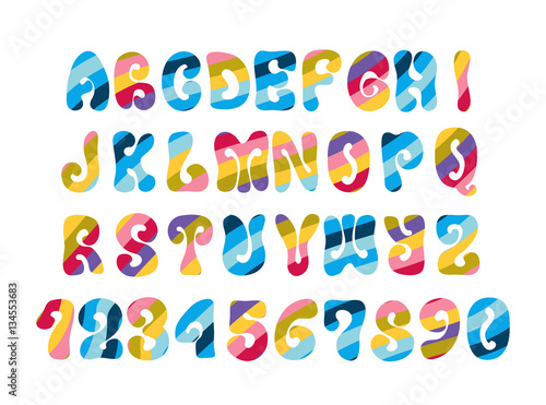 Psychedelic font with colorful pattern. Vintage hippie alphabet.