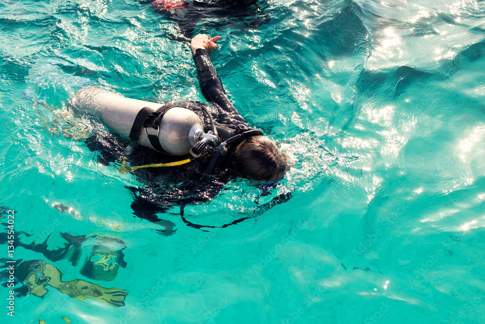 Couple divers plunged into the ocean, top view