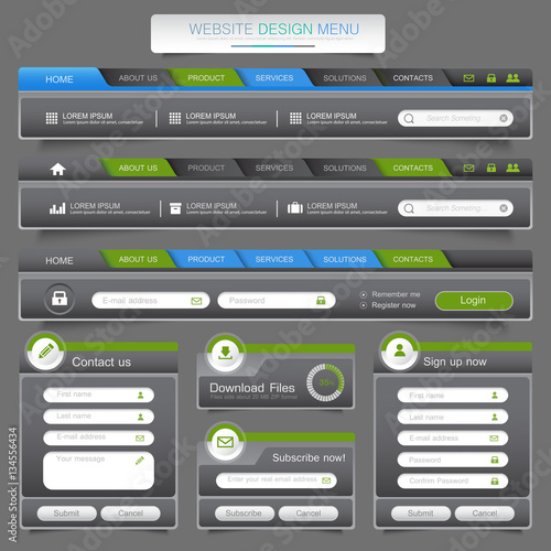 Web site design menu navigation elements with icons set: Navigat