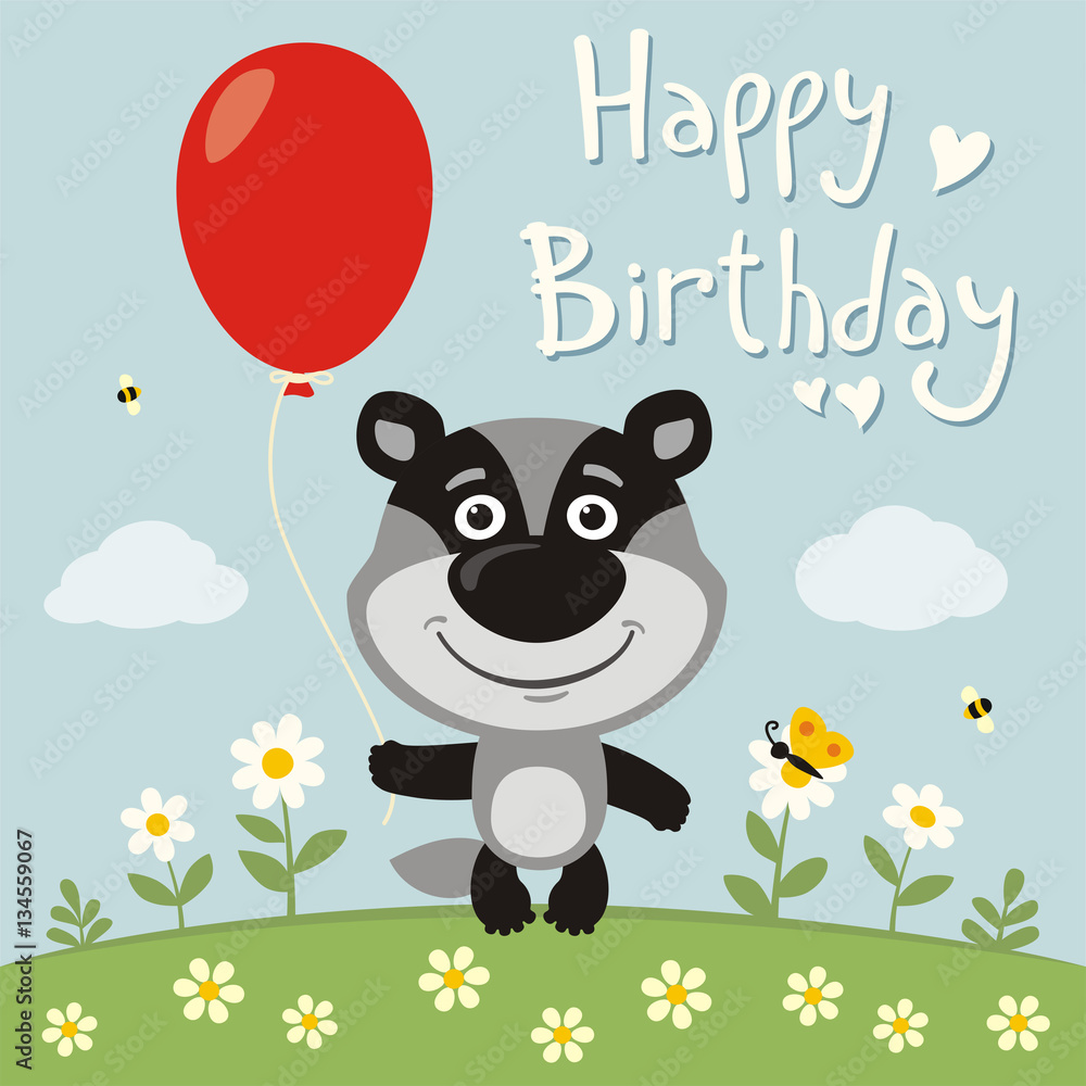 Happy birthday! Funny badger with red balloon on flower meadow. Birthday card with badger in cartoon style. Happy birthday! Funny badger with red balloon on flower meadow. Birthday card with badger in cartoon style.